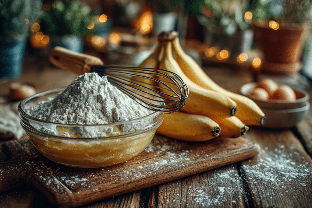 image-87 a bowl of flour and a whisk next to bananas