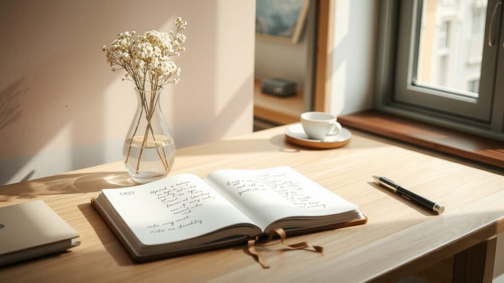 image-1 Bureau en bois ordonné près d’une fenêtre ensoleillée, lumière naturelle douce, carnet ouvert avec notes manuscrites, fleurs délicates en vase, papeterie minimaliste moderne, tons beige et pastel, ambiance calme et concentrée.