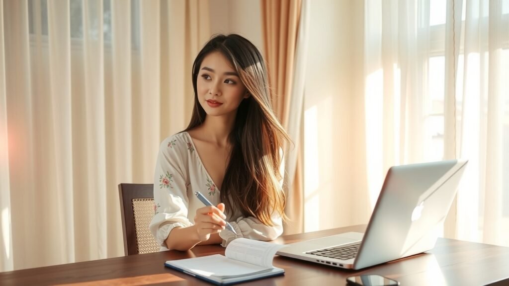 Je peux vous proposer ce meta title en français, optimisé pour décrire l'image de manière claire et concise : « Jeune femme assise à un bureau en bois dans une pièce lumineuse, lumière matinale douce, blouse à fleurs, maquillage naturel, ambiance calme et chaleureuse » Souhaitez-vous une version plus courte ou plus détaillée ?