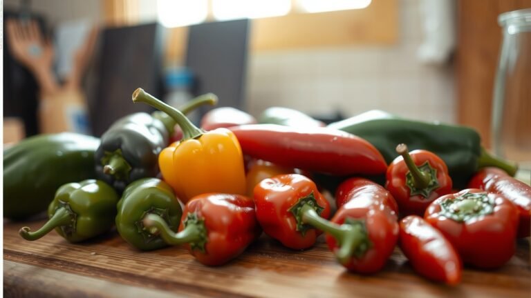 Piments jalapeños, habaneros et ancho frais en gros plan sur planche en bois rustique, lumière naturelle d'une fenêtre, gouttes de fraîcheur visibles, textures détaillées, ambiance chaleureuse avec grain de film 35 mm subtil, profondeur de champ réduite mettant en valeur les couleurs vives et les teintes ardentes.