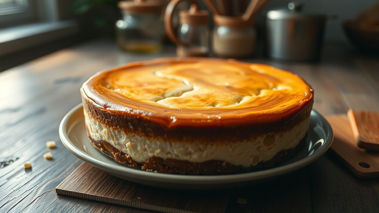 Cheesecake frais au four avec surface dorée sur table rustique – texture crémeuse, craquelures subtiles, grains de film 35 mm, ambiance chaleureuse en cuisine naturelle