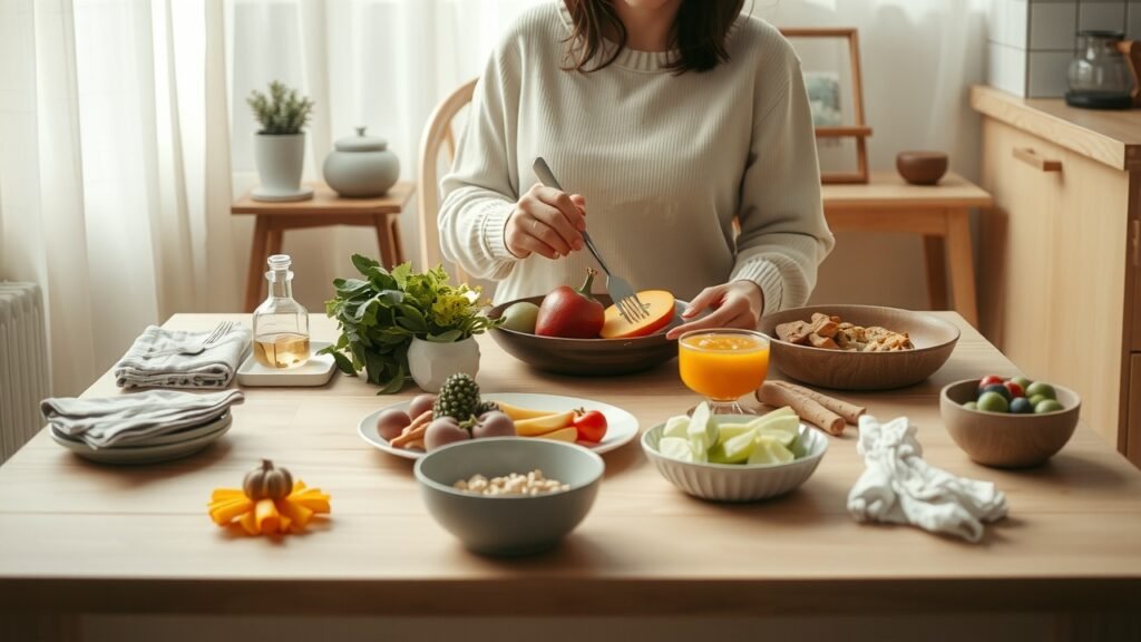 Table de cuisine sereine avec nourriture saine, lumière naturelle douce, mains féminines préparant un repas, tons pastel et ambiance paisible