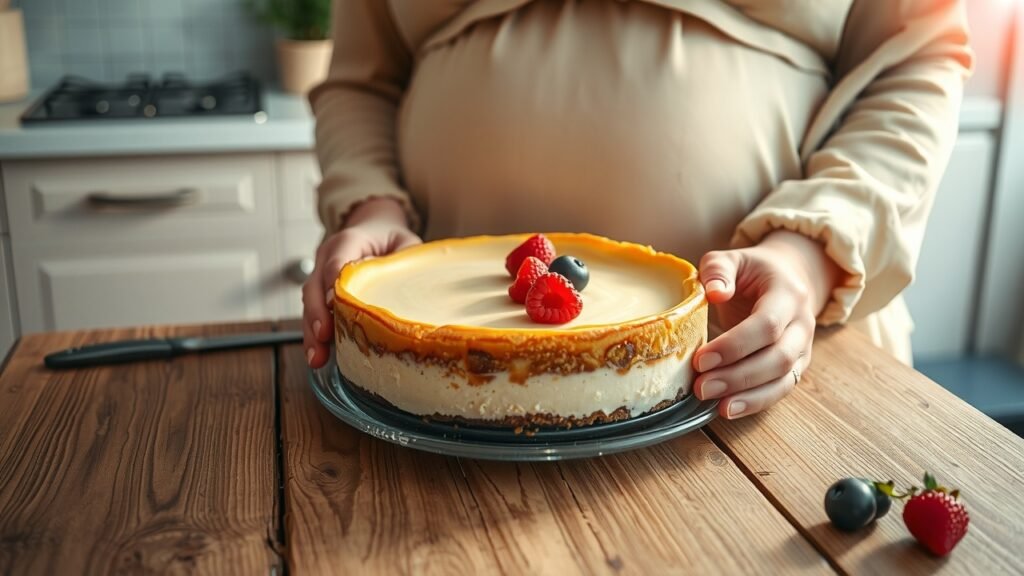 Gros plan sur les mains d’une femme enceinte tenant un cheesecake frais sur une table en bois rustique, lumière douce naturelle, décor de cuisine pastel, textures naturelles du cheesecake crémeux et fruits rouges, ambiance chaleureuse et féminine.