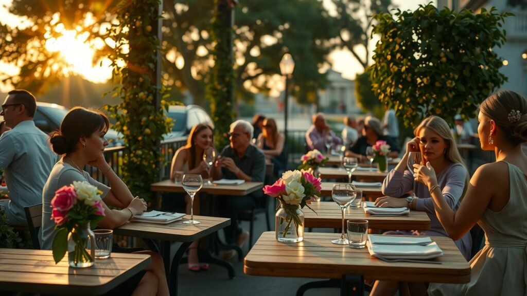 Terrasse de restaurant cosy en plein air au crépuscule avec lumière douce, tables en bois, fleurs fraîches en vase, convives élégantes en tenues pastel, ambiance chaleureuse et floue urbaine en arrière-plan
