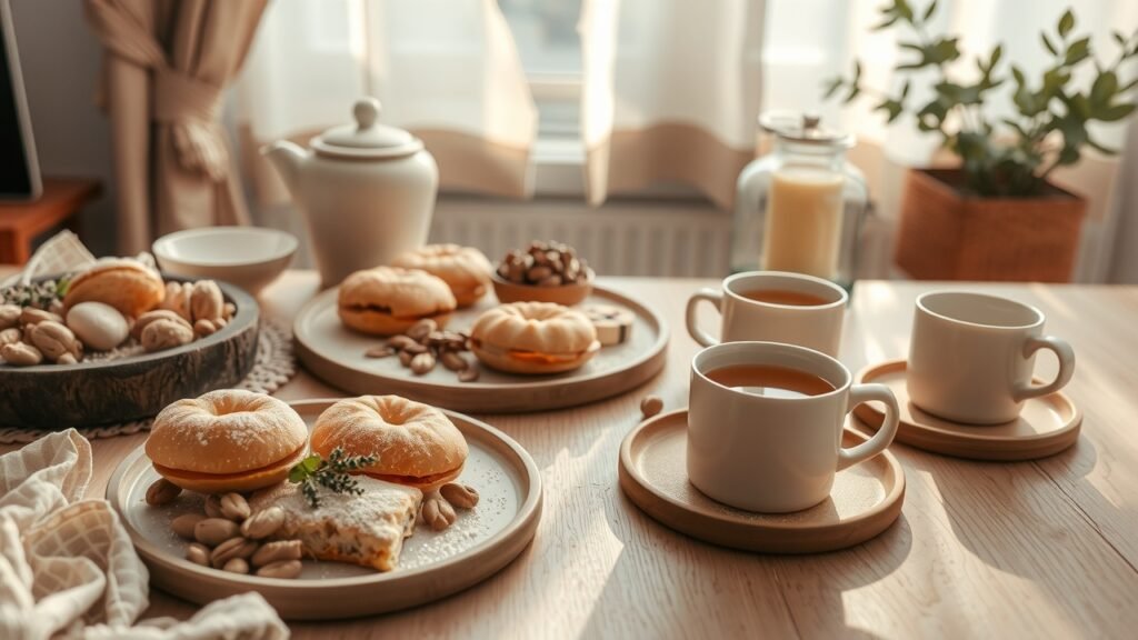 Cuisine chaleureuse avec pâtisseries colorées, tasses en céramique, lumière naturelle douce et ambiance pastel moderne