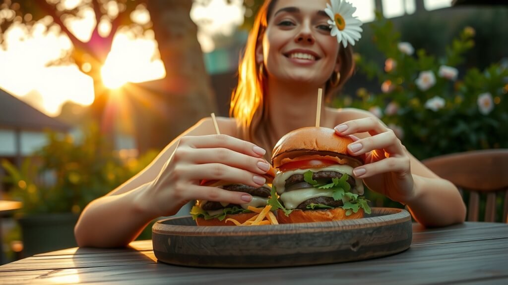 Je vais transformer ce texte en un meta title en français qui décrit clairement l’image tout en étant concis et optimisé pour le référencement : **Jeune femme dégustant un burger gourmet en plein air au coucher du soleil – ambiance chaleureuse et naturelle avec décor rustique**