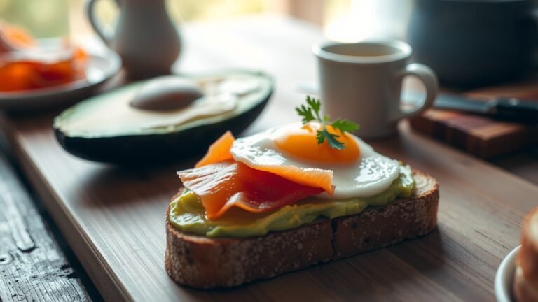 Petit-déjeuner sain à la lumière naturelle : toast à l'avocat crémeux avec œuf parfait et saumon fumé sur table en bois rustique, textures visibles et couleurs fraîches