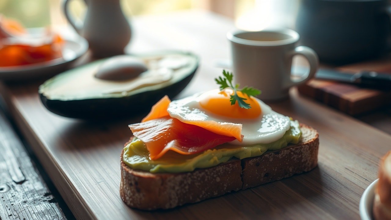 Petit-déjeuner sain à la lumière naturelle : toast à l'avocat crémeux avec œuf parfait et saumon fumé sur table en bois rustique, textures visibles et couleurs fraîches