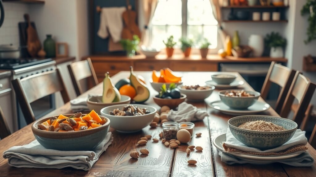 Table rustique en bois avec bols de fruits, avocats, noix et céréales, ambiance matinale douce, nappes en lin tissé et vaisselle en céramique, atmosphère chaleureuse et féminine