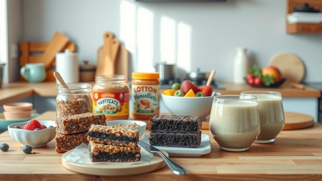 Cuisine chaleureuse avec comptoir gourmand : beurre de noix crémeux, barres granola, part de gâteau au chocolat, bols smoothie tropicaux, lumière douce matinale, ambiance féminine et accueillante