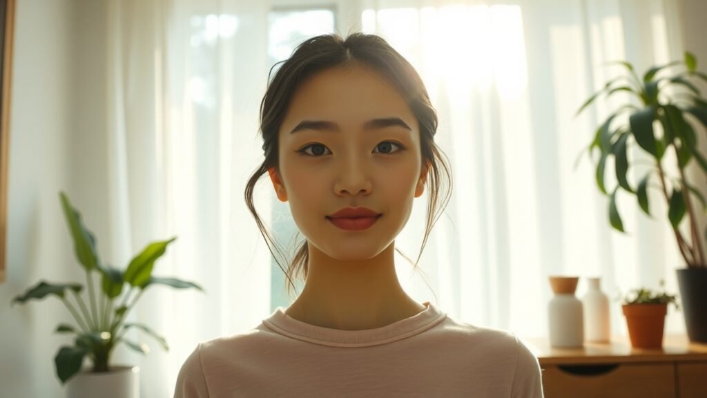 Jeune femme concentrée dans un bureau minimaliste lumineux avec plantes, textures bois, lumière naturelle douce et ambiance chaleureuse aux tons pastel modernes