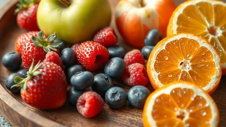 Plateau en bois rustique avec fruits frais à faible index glycémique : fraises, myrtilles, framboises, pomme verte, tranches d’orange et pamplemousse, lumière naturelle, textures réalistes et gouttes de rosée