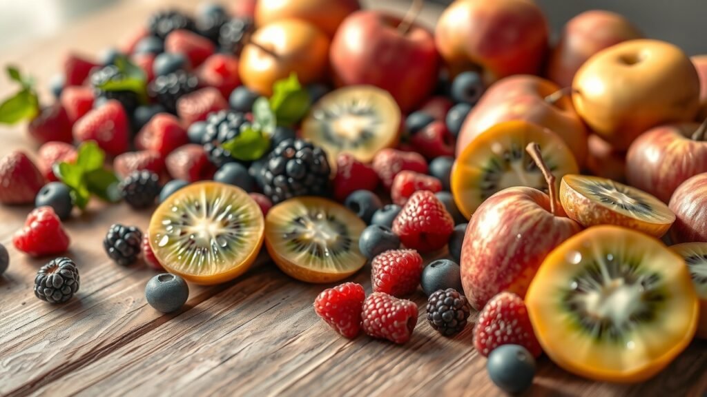 Table en bois rustique garnie de fruits frais à faible index glycémique, lumière naturelle douce du matin, gouttes de rosée délicates, ambiance féminine chaleureuse et apaisante