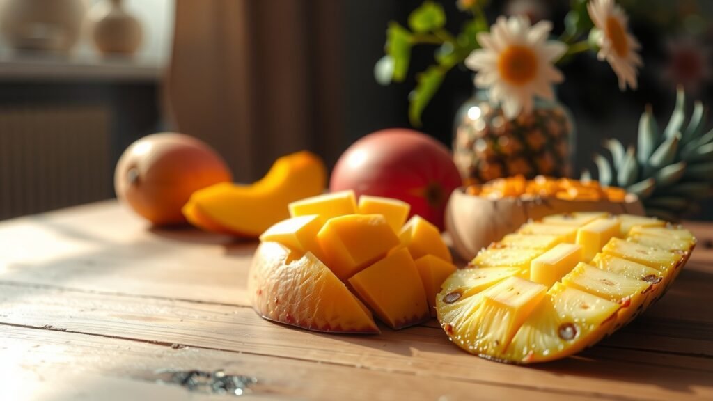 Table en bois avec fruits tropicaux mûrs, lumière douce du matin, vase floral délicat, ambiance chaleureuse et moderne