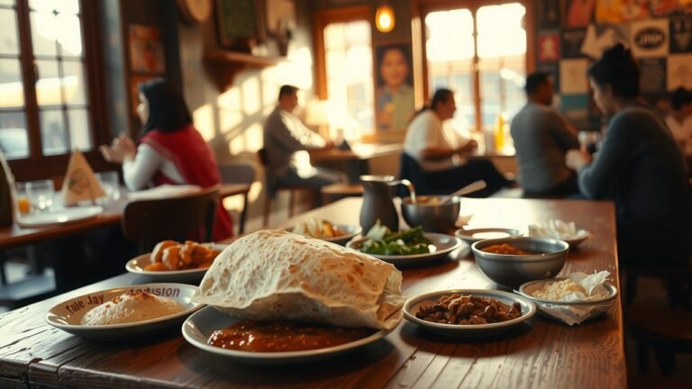 Cantine animée sud-indienne et sri-lankaise à Paris, lumière chaleureuse, table rustique en bois avec kottu parotta et dosai colorés, ambiance conviviale et douce lumière naturelle.