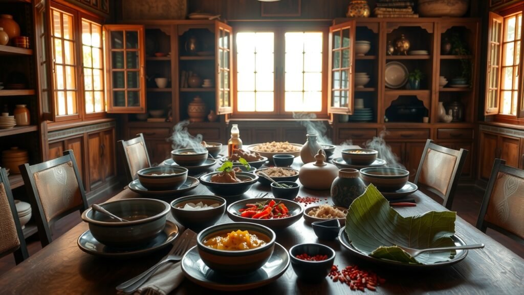 Cuisine rustique du Sud de l’Inde avec plats signature Muniyandi Vilas, lumière chaude, ombres douces, bols fumants, plateaux en feuille de bananier, ambiance cosy aux tons naturels et détails artisanaux
