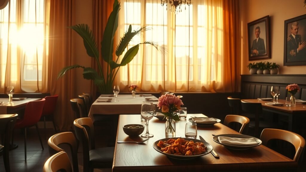 Intérieur chaleureux d’un restaurant indien parisien à l’heure dorée, lumière douce filtrant à travers des rideaux légers, tables en bois avec plats colorés, ambiance féminine invitante, centre de table floral délicat, grain subtil 35 mm.