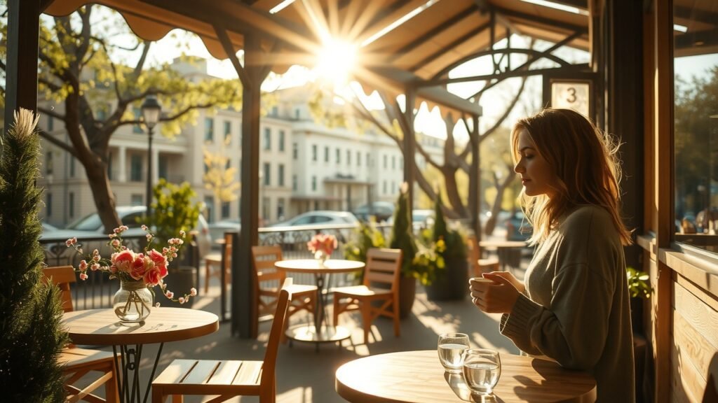 Terrasse de café ensoleillée et chaleureuse avec tables en bois, fleurs délicates, lumière douce, ombres d’arbres, ambiance intime et femme savourant un moment calme avec un café