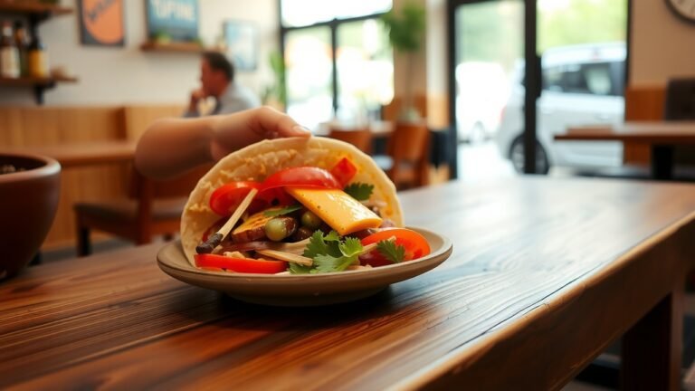 Taco français gourmet fraîchement préparé en gros plan sur table en bois rustique, légumes frais colorés et fromage fondu sous lumière douce, main naturelle tenant le taco, arrière-plan flou d’un café chaleureux aux tons terreux avec grain film 35 mm subtil