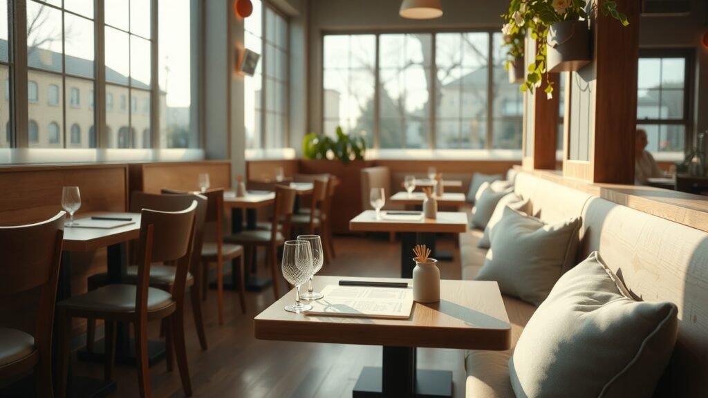 image-2 Intérieur moderne et chaleureux de restaurant avec tables en bois, menus papiers et tablettes numériques, lumière naturelle douce, ambiance pastel et végétation fraîche