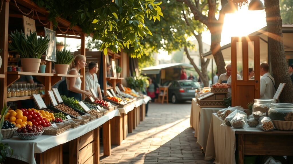 Marché français en plein air à l’aube - fruits frais colorés, épices sur étals en bois rustiques, lumière douce naturelle, ambiance chaleureuse et moderne, tons pastel délicats