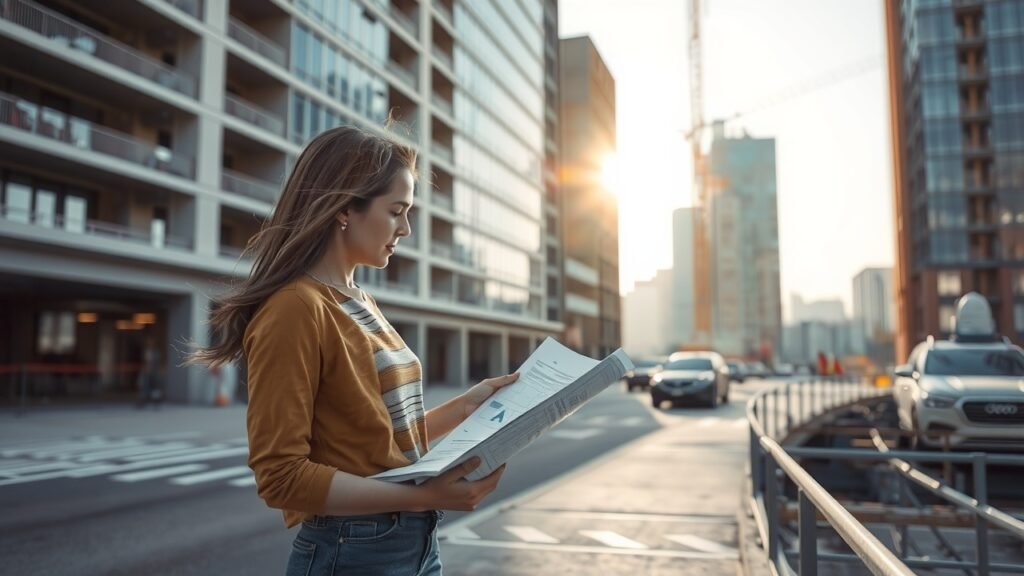 Chantier urbain moderne au lever du jour, architecte féminine consultant des plans sur tablette, lumière douce naturelle, ombres délicates, vent léger, reflets ambiants, tons pastel atténués, textures béton et acier.