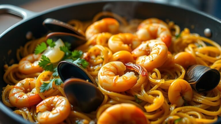 Fideuà rustique en gros plan dans une poêle à paella traditionnelle, vermicelles dorés avec croûte socarrat croustillante, fruits de mer frais (crevettes, moules) sous une lumière naturelle douce, vapeur légère, garniture de persil frais et quartier de citron, ambiance chaleureuse.