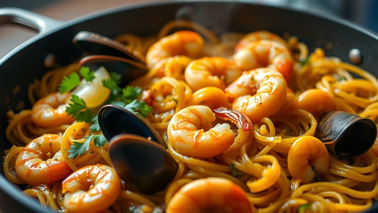 Fideuà rustique en gros plan dans une poêle à paella traditionnelle, vermicelles dorés avec croûte socarrat croustillante, fruits de mer frais (crevettes, moules) sous une lumière naturelle douce, vapeur légère, garniture de persil frais et quartier de citron, ambiance chaleureuse.