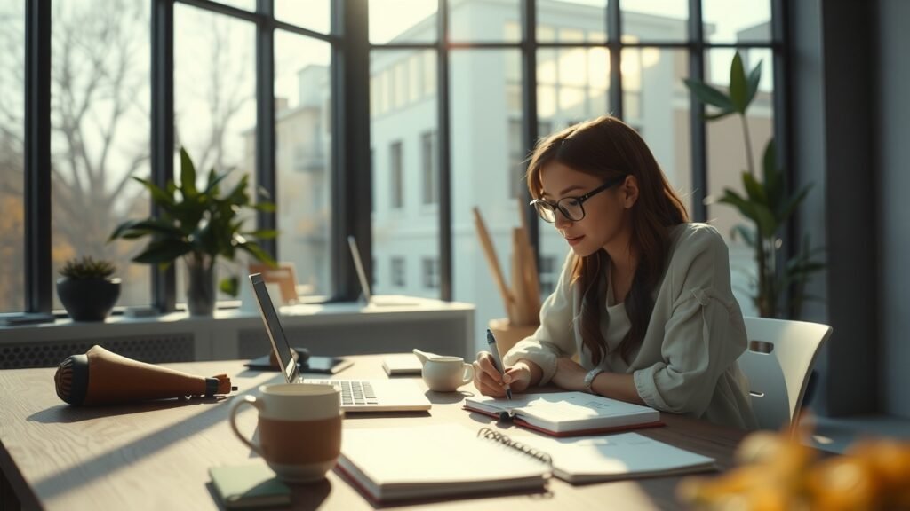 image-3 Espace de travail moderne avec femme analysant des graphiques sur ordinateur portable, lumière naturelle douce, ambiance chaleureuse aux tons pastels, bureau en bois avec tasse de café et carnets, atmosphère calme et concentrée