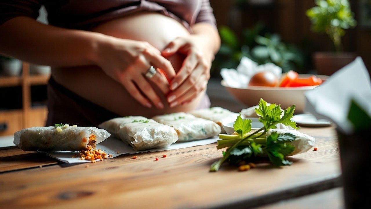 Préparation de rouleaux de printemps maison par une femme enceinte – gros plan sur ses mains, lumière naturelle douce, texture fraîche des légumes et papier de riz, ambiance chaleureuse et paisible dans une cuisine rustique