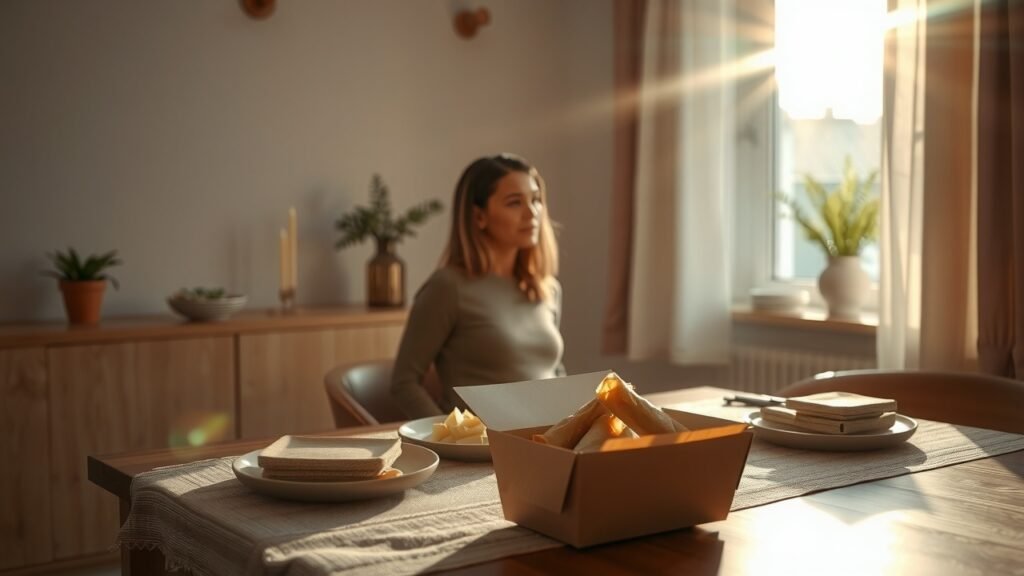 image-39 Femme enceinte contemplant à une table de cuisine chaleureuse avec rouleaux de printemps maison et boîte à emporter, lumière naturelle douce, ambiance chaleureuse, décor floral délicat, intérieur moderne minimaliste.