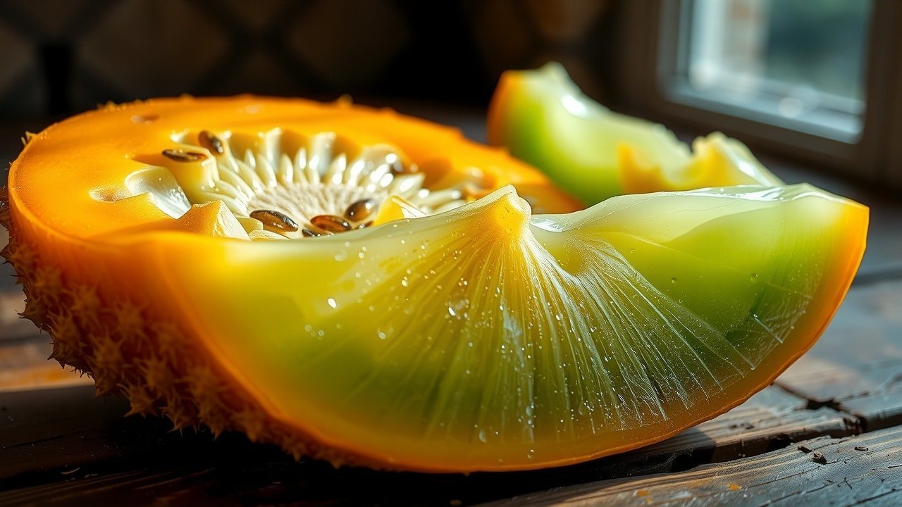 Melon jelly mûr coupé en deux sur table en bois rustique, peau orange épineuse et chair émeraude translucide avec graines comestibles, éclairage naturel doux, texture détaillée et gouttelettes de fraîcheur, ambiance chaleureuse