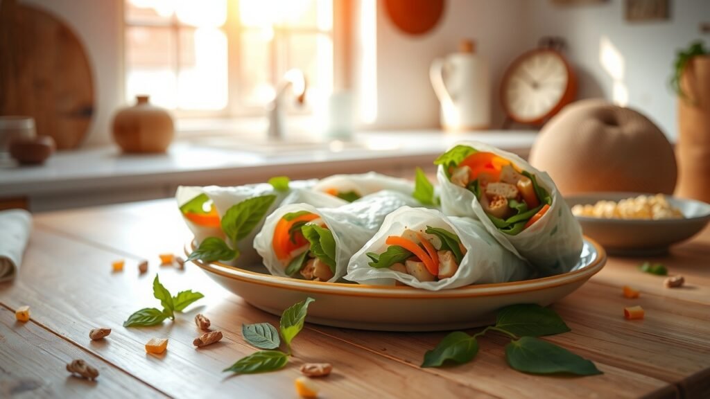 image-40 Rouleaux de printemps frais et colorés sur une assiette en céramique, table de cuisine chaleureuse en lumière naturelle douce, ambiance moderne et féminine aux tons pastel et textures rustiques