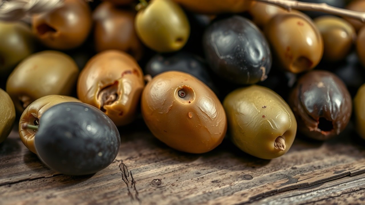 Olives Méditerranéennes en Gros Plan sur Table en Bois Rustique, Marque Noire Minuscule, Lumière Naturelle, Textures Mates et Imperfections Organiques