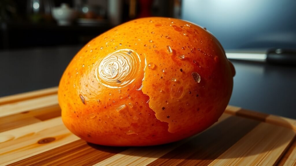 Mangue mûre tachetée avec chair orange vif sur planche en bois, lumière naturelle, texture détaillée et ambiance chaleureuse de cuisine