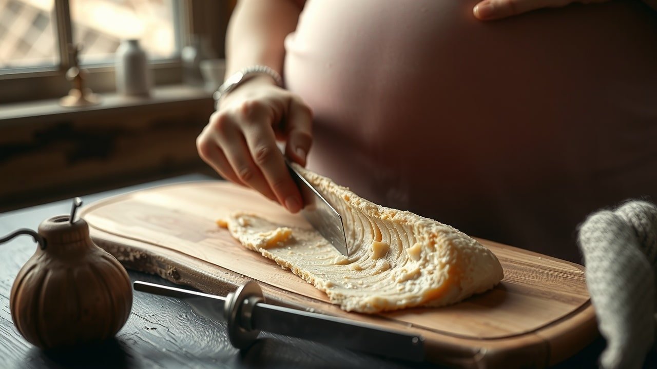 Femme enceinte tranchant délicatement une terrine de foie gras stérilisée sur planche en bois rustique, lumière naturelle douce, vapeur subtile, ambiance chaleureuse et intime avec grain de film 35 mm.