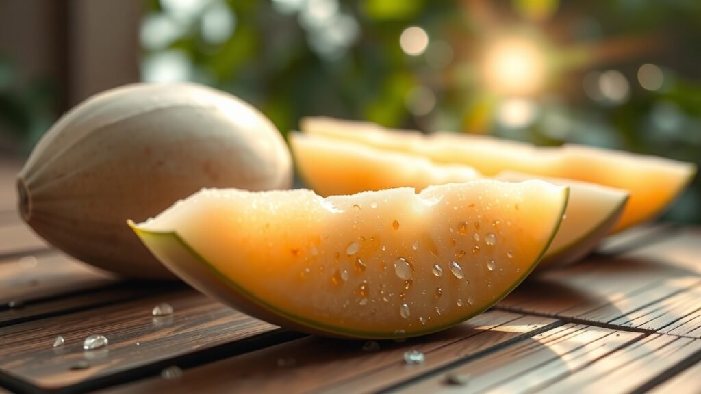 Tranches de melon jellee pelées en gros plan sur table en bois rustique, lumière douce du matin, gouttelettes délicates, flou artistique crémeux, tons pastels naturels, ambiance sereine et fraîcheur rosée