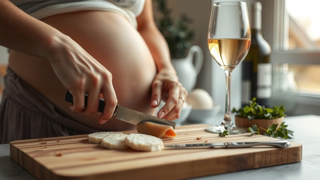 Femme enceinte découpant avec soin du foie gras dans une cuisine moderne, lumière naturelle douce, planche en bois, mains délicates, herbes fraîches et verre de vin blanc en arrière-plan, ambiance intime et chaleureuse.