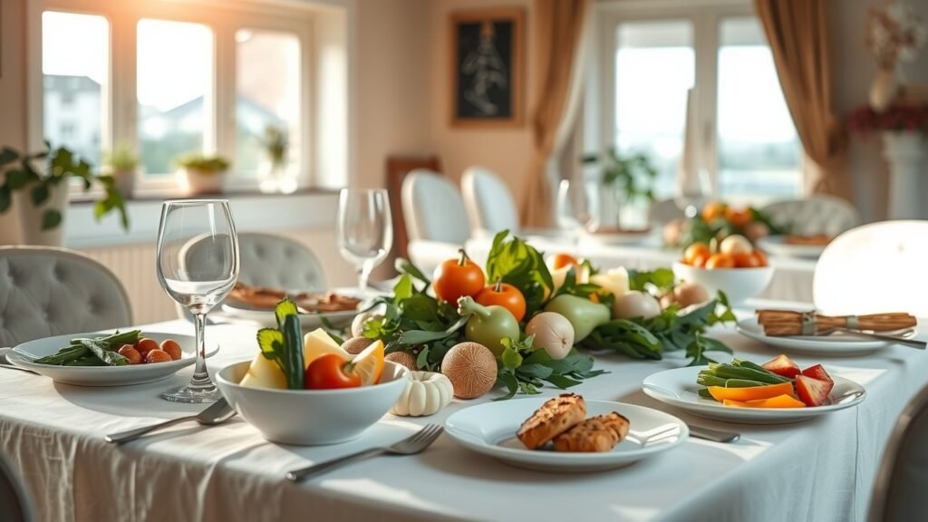 Table festive vue large : menu équilibré avec légumes frais colorés, protéines maigres et céréales complètes, lumière douce naturelle, vaisselle élégante, ambiance chaleureuse et décor féminin moderne