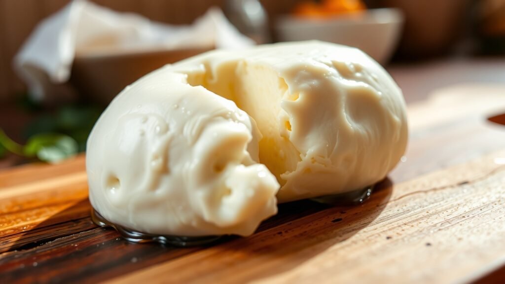 Voici une proposition de meta title en français, décrivant l'image tout en restant concise et adaptée à un meta title : **"Burrata fraîche sur planche rustique, texture crémeuse en lumière naturelle"** Ce meta title décrit l'image de manière précise et attractive, tout en restant court pour le référencement. Si tu souhaites un format plus orienté SEO avec le contexte de la grossesse, n'hésite pas à me le dire !