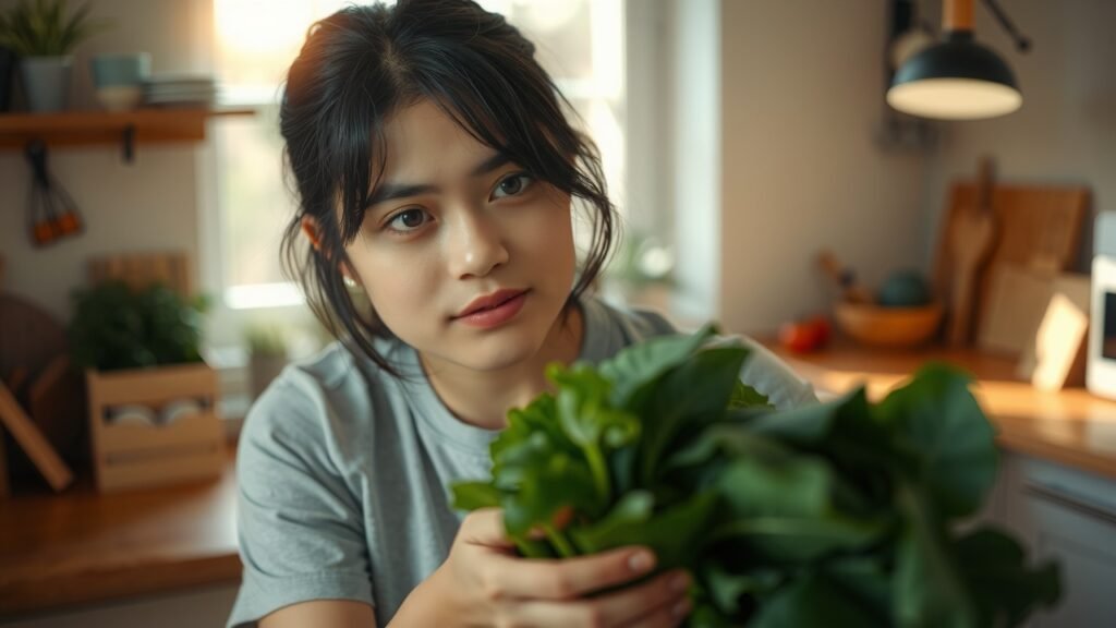 image-54 Je vous propose ce meta title optimisé et descriptif en français : « Gros plan sur une jeune femme examinant des feuilles vertes fraîches dans une cuisine lumineuse au matin, ambiance douce avec lumière naturelle filtrée, textures délicates et couleurs pastel »