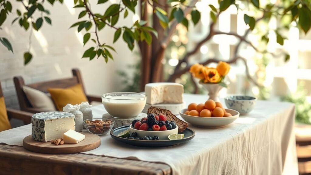 image-56 Fromage végétal crémeux, fruits frais, noix et pain artisanal sur table en bois rustique en plein air – ambiance douce et naturelle avec lumière tamisée et textures naturelles
