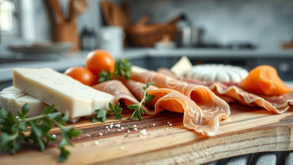 image-59 Charcuteries fraîches et fromages doux en gros plan sur planche en bois rustique, lumière naturelle douce avec ombres légères, tons chauds et feutrés, herbes délicates éparpillées, flou d’arrière-plan subtil, ambiance féminine et textures naturelles.