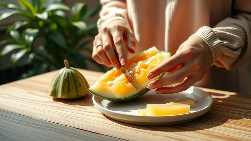 Femme coupant un melon gélifié sur table en bois, lumière douce matinale, mains délicates, texture juteuse du melon, assiette céramique minimaliste, arrière-plan flou de plantes vertes, ambiance chaleureuse pastel.
