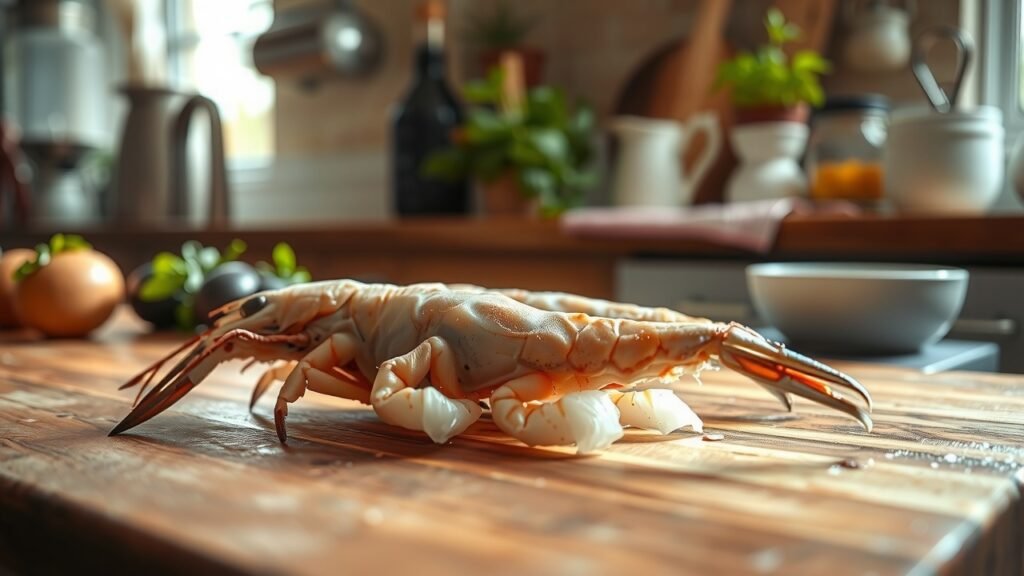 Plan rapproché d'un comptoir de cuisine rustique avec crevettes crues mal nettoyées sur une planche en bois, lumière douce naturelle, ombres délicates, ambiance pastel et moderne avec ustensiles fins et herbes fraîches floues en arrière-plan.