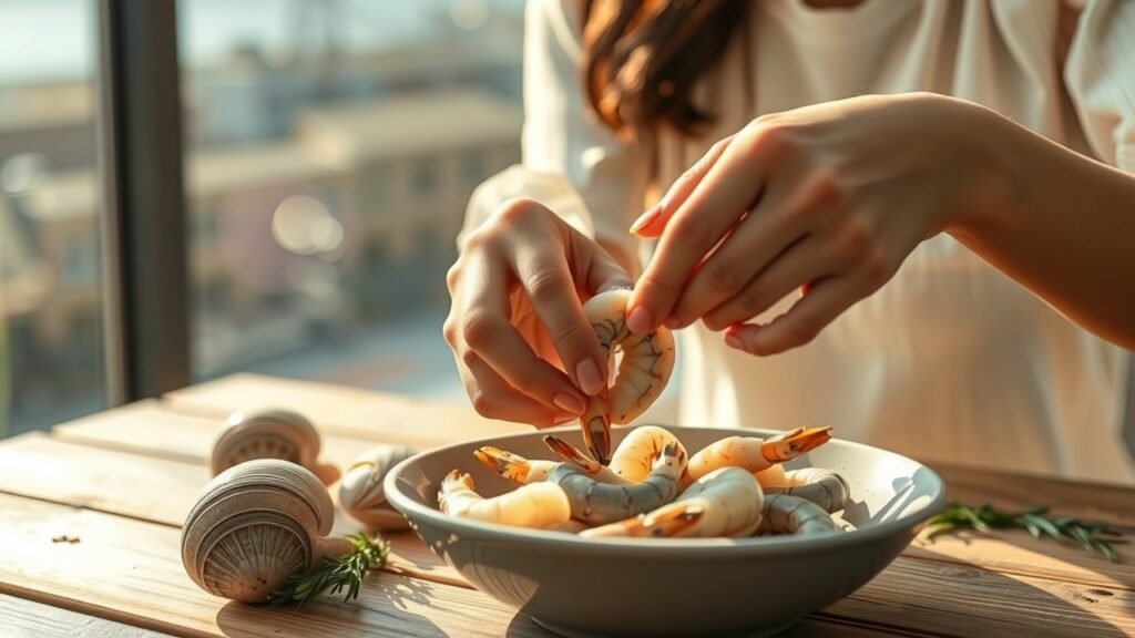 Femme moderne pelant délicatement des crevettes grises cuites, lumière naturelle douce, vapeur délicate et arrière-plan marin flou aux tons beiges et pastel