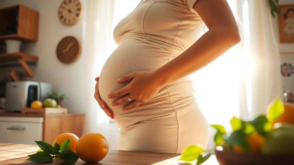 Femme enceinte tenant doucement son ventre dans une cuisine lumineuse au matin, lumière naturelle filtrée, fruits frais et légumes verts sur une table en bois, ambiance douce et sereine, tonalités pastel chaleureuses.