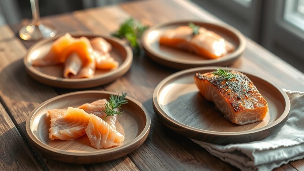 Deux assiettes en bois élégantes sur table rustique : saumon fumé cru délicat et saumon poêlé, lumière naturelle douce, aneth frais, ambiance chaleureuse et moderne.