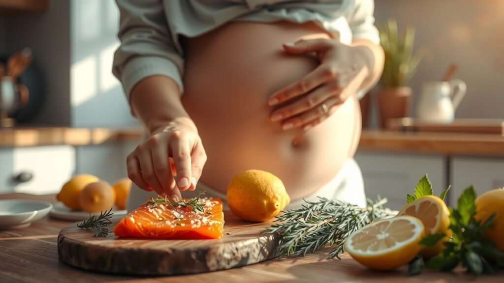 Femme enceinte préparant délicatement du saumon fumé sur un plan de travail en bois, lumière naturelle douce, herbes fraîches et tranches de citron à proximité, ambiance matinale chaleureuse dans une cuisine moderne aux tons pastels.