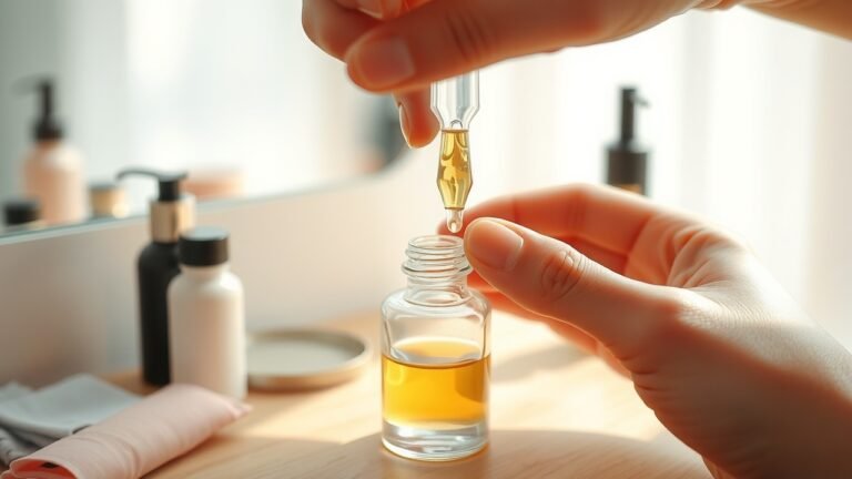 Gouttelette d'huile cosmétique versée avec un compte-gouttes en verre dans un petit flacon transparent sur une coiffeuse en bois, lumière naturelle douce du matin, texture de peau visible sur les mains, grain subtil de film 35 mm, tons chauds et neutres, reflets délicats sur le verre, profondeur de champ réduite avec arrière-plan flou de cosmétiques.
